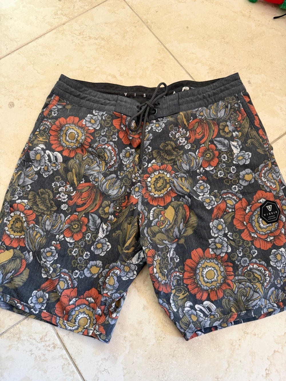 VISSLA Printed Swim Shorts in Black, Yellow and Orange
